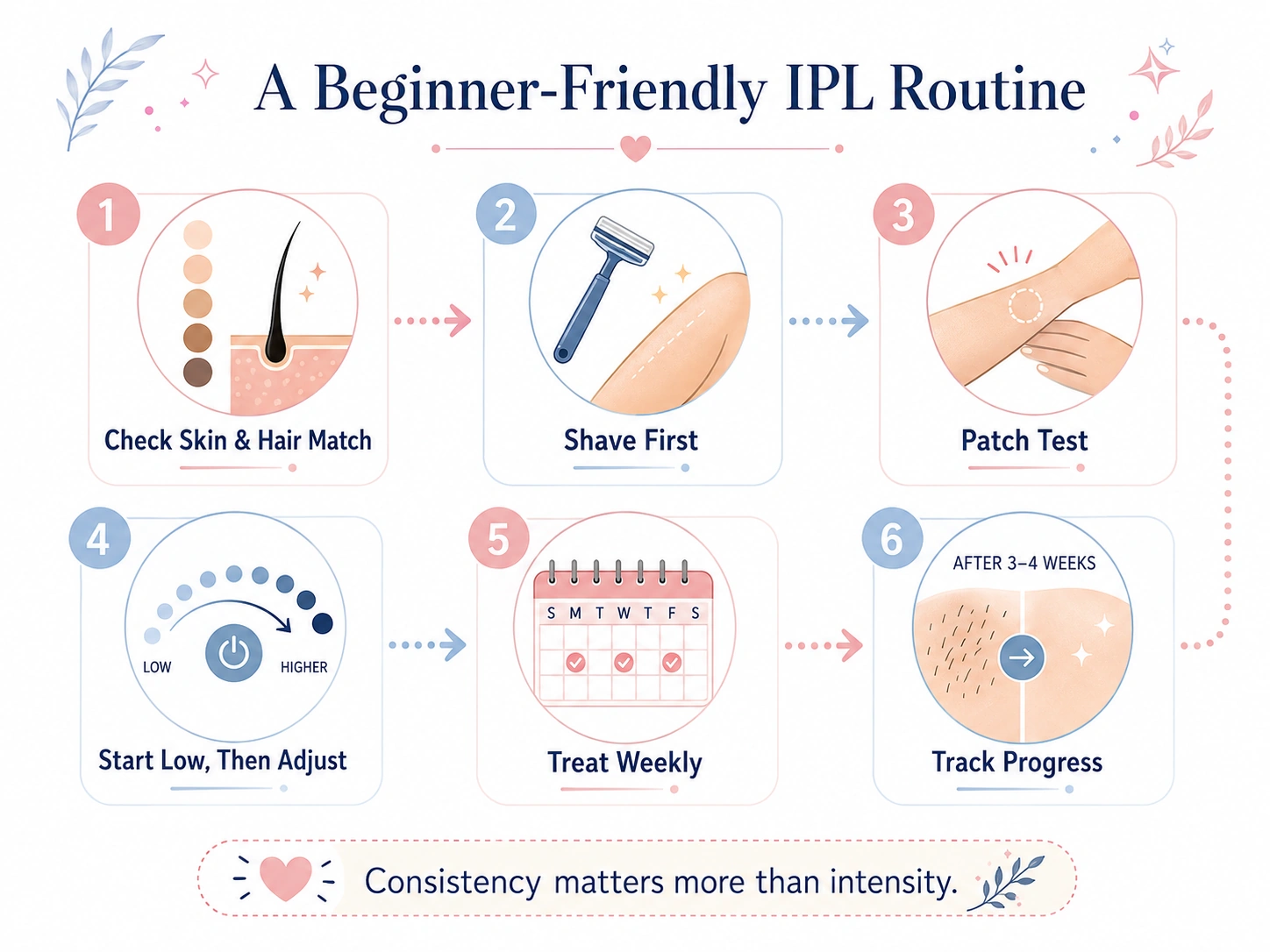 Beginner-friendly IPL routine showing skin and hair compatibility check, shaving, patch testing, starting at a low level, following a treatment schedule, and tracking progress