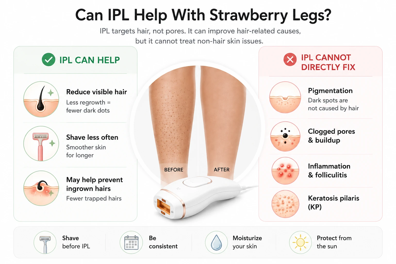 Can IPL help strawberry legs infographic showing what IPL may improve and what it cannot directly treat
