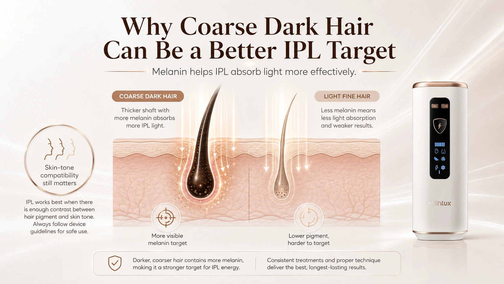 Why coarse dark hair can be a better IPL target than light fine hair because of higher melanin content