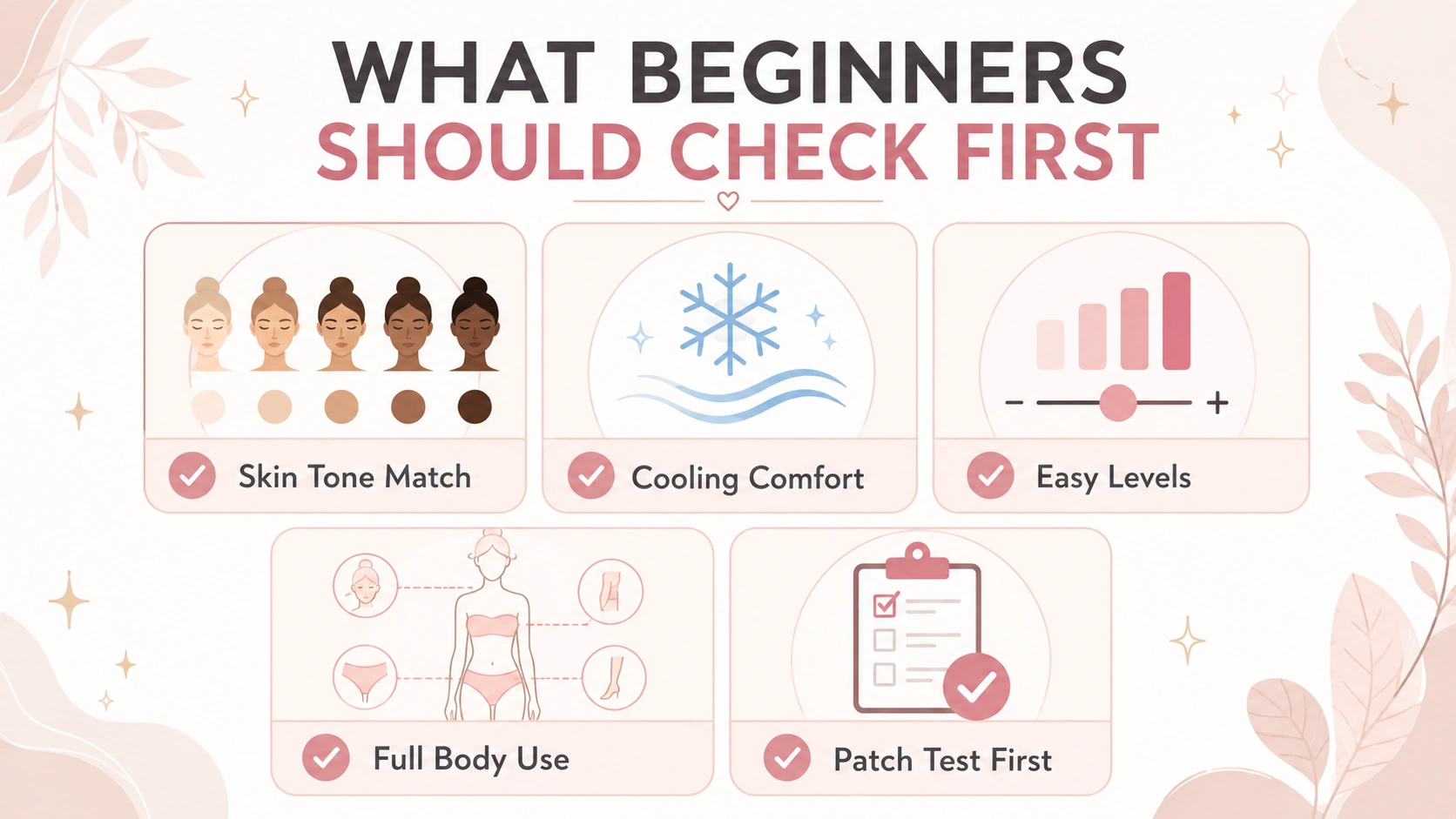 Five things beginners should check before choosing an IPL hair removal device, including skin tone compatibility, cooling comfort, adjustable levels, full-body use, and patch testing