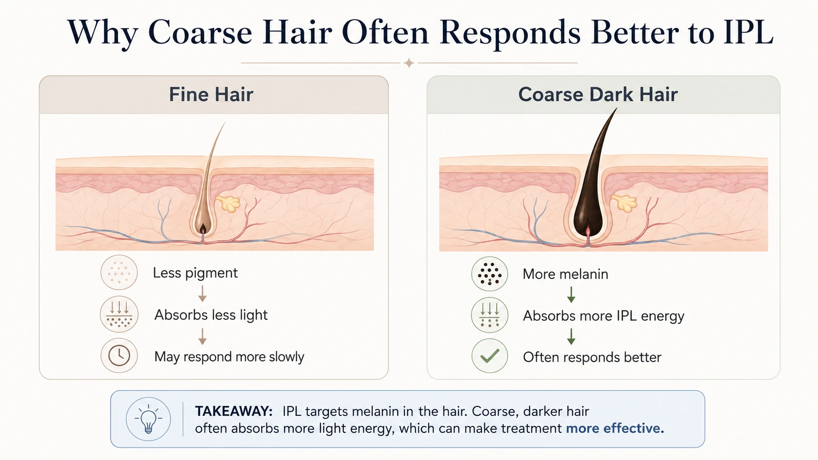 How IPL targets melanin in coarse dark hair compared with fine hair