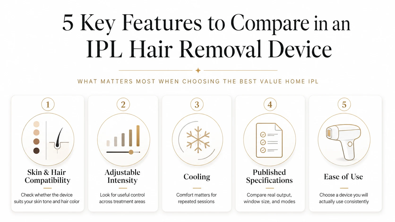 Five key features to compare when choosing an IPL hair removal device: skin and hair compatibility, adjustable intensity, cooling, published specifications, and ease of use