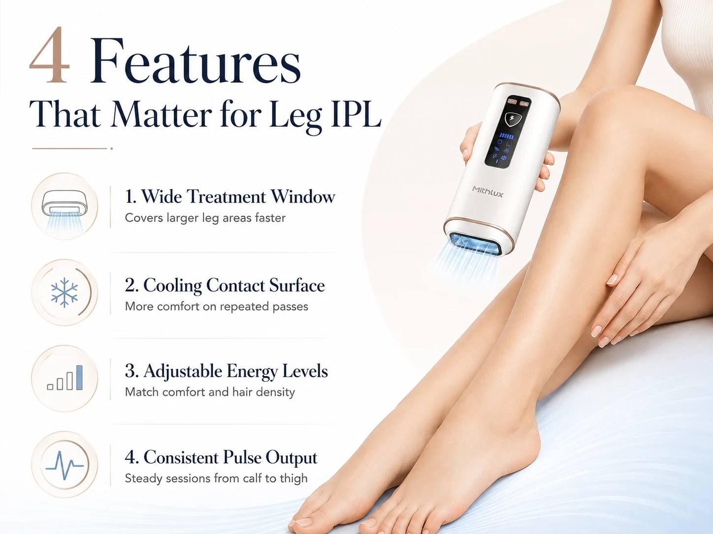 Four important features to consider when choosing an IPL hair removal device for legs including treatment window cooling adjustable energy levels and consistent pulse output