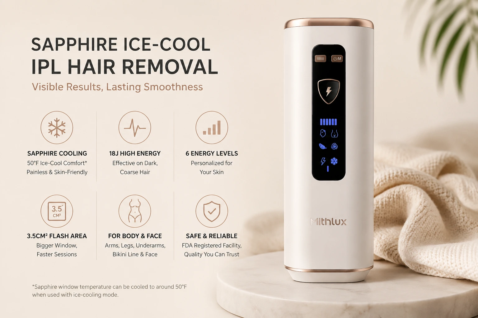 Mithlux S2 Pulse IPL hair removal device with sapphire cooling, 18J energy and 6 adjustable levels for dark hair