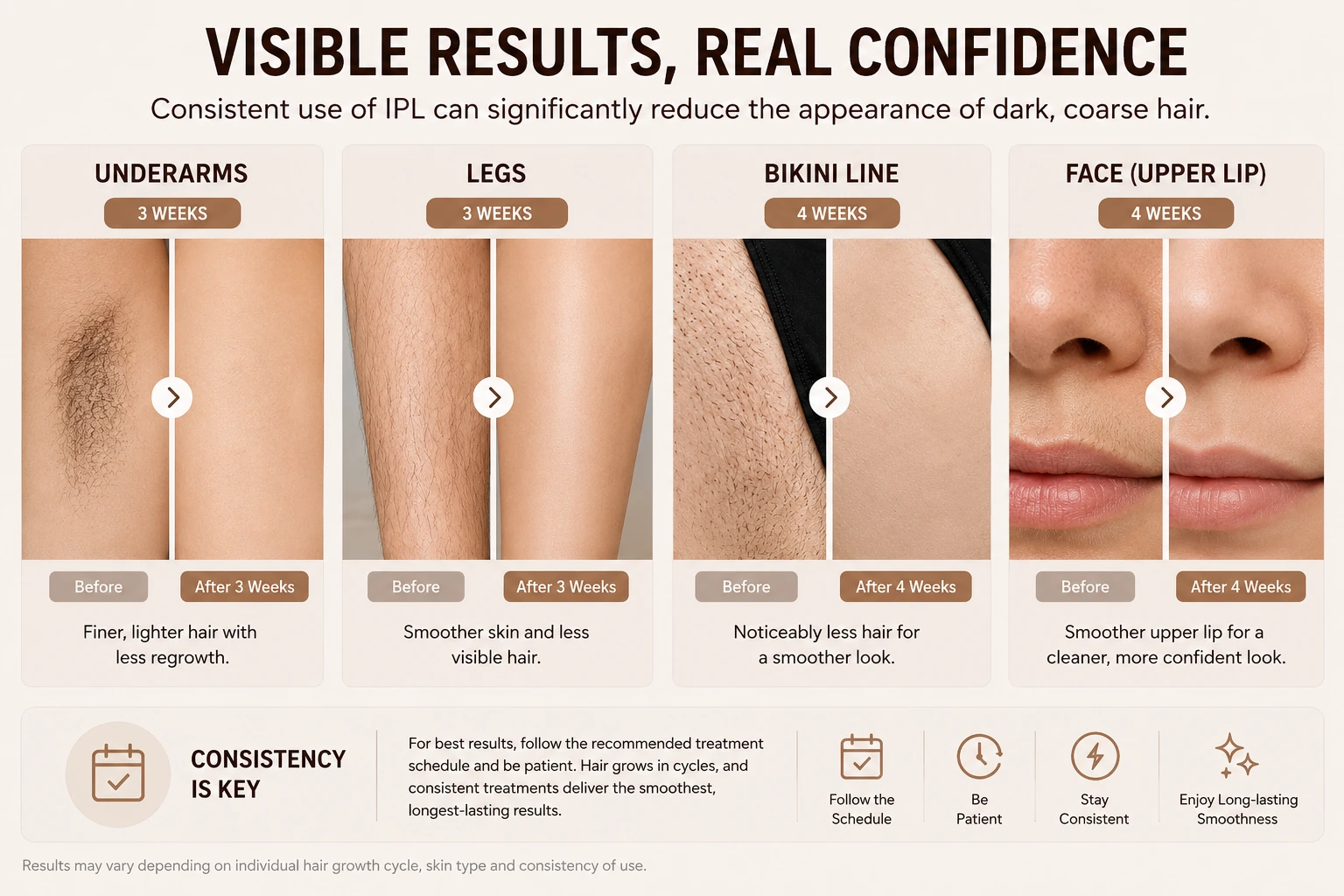 IPL results for dark coarse hair on underarms, legs, bikini line and upper lip after consistent use