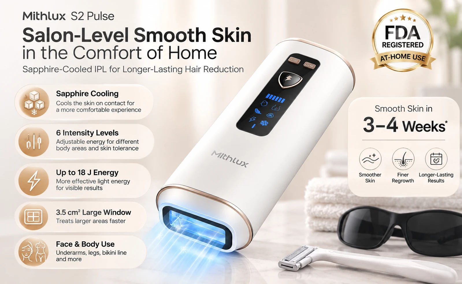 Mithlux S2 Pulse IPL hair removal device with sapphire cooling, six intensity levels, up to 18 J energy and 3.5 cm² treatment window