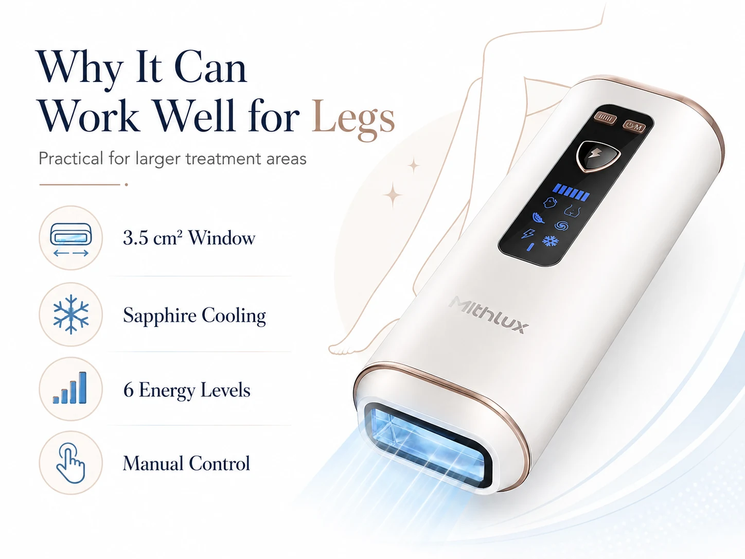 Mithlux S2 Pulse IPL features for leg hair removal including 3.5 square centimeter treatment window sapphire cooling six energy levels and manual control