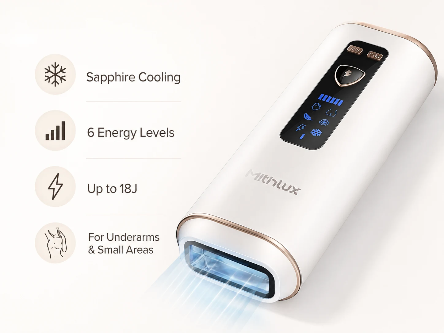 Mithlux S2 Pulse IPL device with sapphire cooling six energy levels up to 18J and features for underarm hair removal