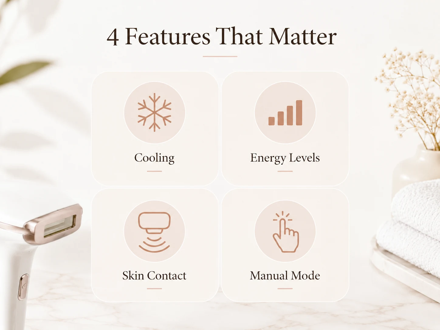Four features that matter when choosing an IPL device for underarms including cooling energy levels skin contact and manual control